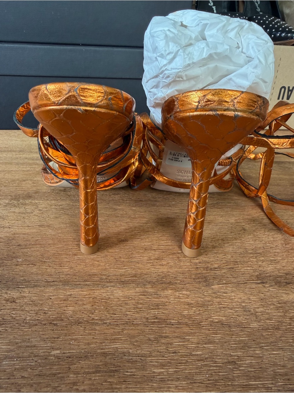 SCHUTZ Metallic Orange Strappy Square-Toe Sandals - Picture 4 of 7